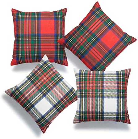 Hofdeco Decorative Throw Pillow Cover ONLY, Royal Stewart Scottish Tartan Plaid (Canvas) (4 Pcs Red Gray Stewart Moran 18"x18")