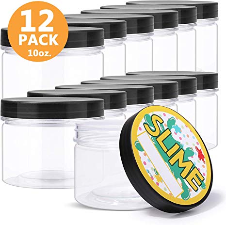 Large Empty Slime Containers, 10oz. 12 Pack, Opret Plastic Slime Jars Clear Slime Storage Containers with Lids and Labels, BPA Free, Food-Grade Plastic, Extra Large