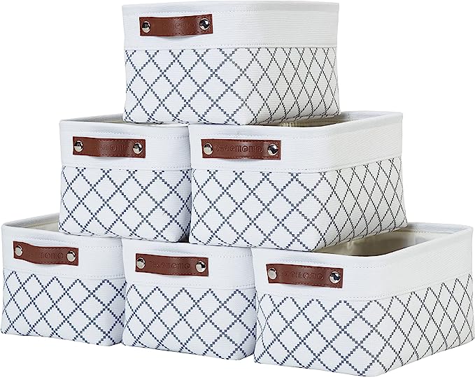 DECOMOMO Small Baskets | Storage Baskets for Organizing Shelves Linen Closet Bathroom Baby Cloth Nursery Fabric Bulk Decorative Empty Baskets for Gifts (White Check, Small - 6 Pack)