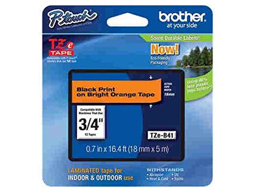 Brother Genuine P-touch TZE-B41 Tape, 3/4" (0.7") Wide Standard Laminated Tape, Black on Fluorescent Orange, Laminated for Indoor or Outdoor Use, Water-Resistant, 0.7" x 16.4' (18mm x 5M), TZEB41