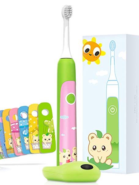 Aiwejay Kids SONIC Electric Toothbrush Reachable For ages 3-12,8 Cute Stickers, 3 Vibration Modes,Green