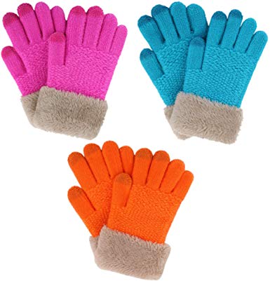 2 & 3 Pack Kids Touchscreen Winter Knit Gloves with Faux Fur Cuff