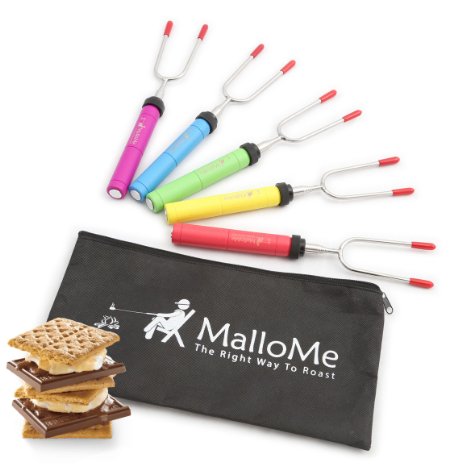 MalloMe Premium Marshmallow Roasting Sticks Set of 5 Smores Skewers & Hot Dog Fork 34 Inch Rotating & Telescoping Patio Fire Pit Camping Cookware Campfire Cooking Kids Accessories - Bonus Bag & Ebook