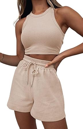 Ifoqixu 2 Piece Lounge Sets for Women Sleeveless Crop Top and Shorts with Pockets Tracksuits Ribbed Knit Pajamas