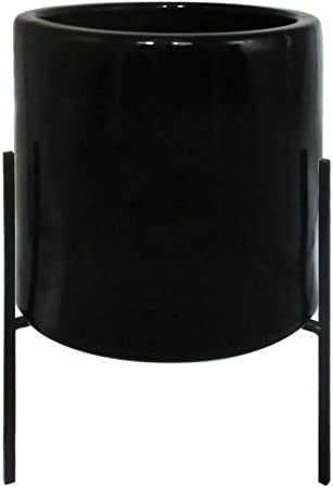 Amazon Brand – Rivet Mid-Century Ceramic Planter with Iron Stand, 14"H, Black