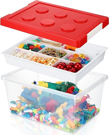 32 QT Plastic Storage Box with Removable Tray Craft Organizer and Storage Clear Bins with Lids Art Supply Container for Kids Organizing Building Bricks Toys Bead Tool Sewing