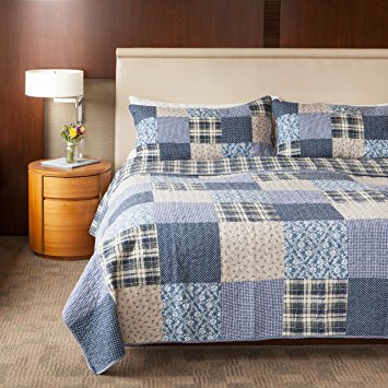 Sova Blue Symphony 3-Piece Real Patchwork Cotton Quilt Set (King) | with 2 Shams Pre-Washed Reversible Machine Washable Lightweight Bedspread Coverlet