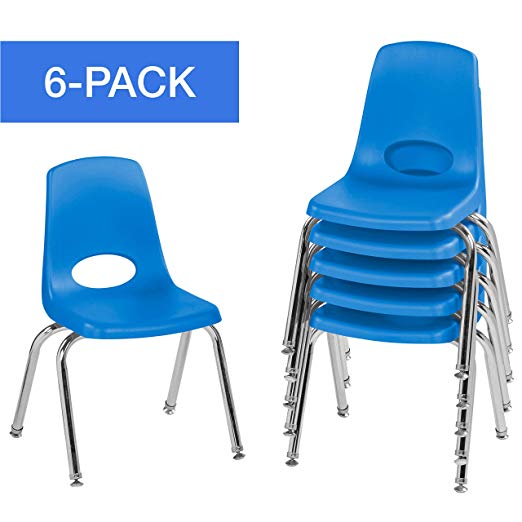 FDP 14" School Stack Chair, Stacking Student Chairs with Chromed Steel Legs and Nylon Swivel Glides - Blue (6-Pack)