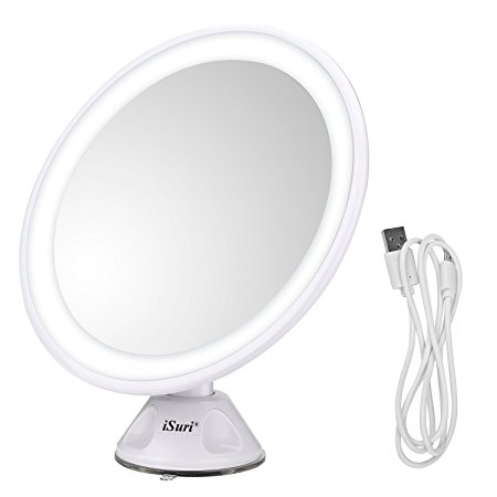 Lighted Makeup Mirror, iSuri Rechargeable LED 5X Magnifying Lighted Makeup Cosmetic Mirror with Powerful Locking Suction Cup, Bathroom Movable Vanity Mirror USB Charged(5X)