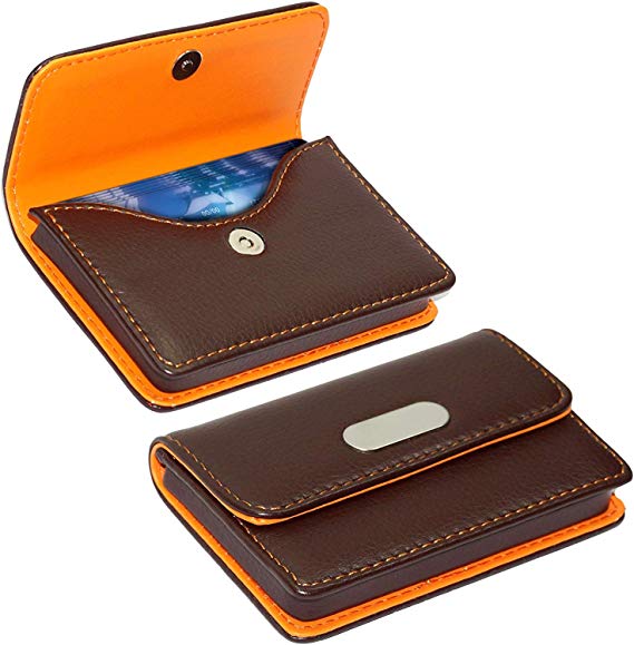 NISUN Leather Pocket Sized Business Credit Name Card Holder Wallet with Magnetic Shut (Brown)