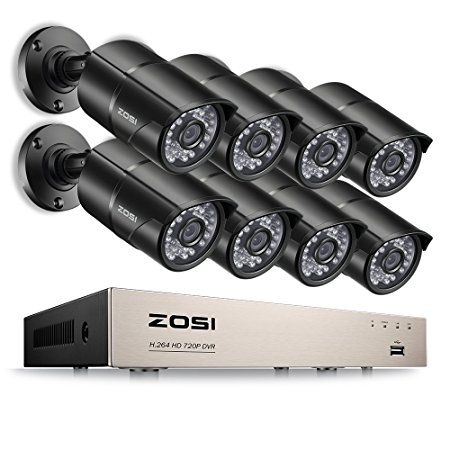 ZOSI 720P HD 8CH Video Security System with 8x 1280TVL Weatherproof Bullet Surveillance Camera NO Hard Drive ,36pcs IR Leds, 100ft(30m) Night Vision, Quick Remote Access Setup with Free App (Black)