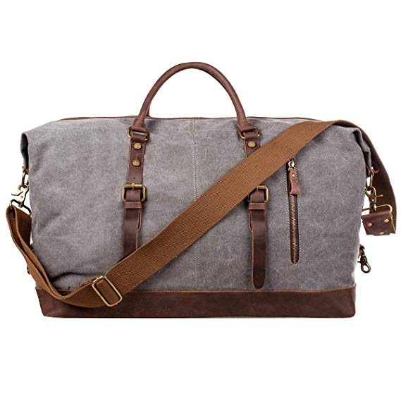 S-ZONE Oversized Canvas Genuine Leather Trim Travel Tote Duffel Shoulder Weekend Bag Weekender Overnight Carryon Handbag