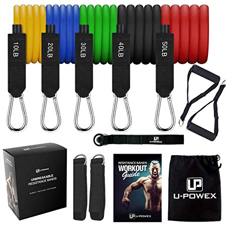 UPOWEX Resistance Bands Set – Include 5 Stackable Exercise Bands with Carry Bag, Door Anchor Attachment, Legs Ankle Straps, Foam Handles and Workout Guide