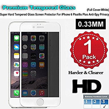 iPhone 6 Plus/6s Plus Premium Tempered Glass Screen Protector (1 Pack) 3D Touch Super Hard 0.33mm By Jimkev 2.5d-Extreme Hard Series [iPhone 6 Plus/6s Plus Anti-Spy Privacy (Full Cover-White)]