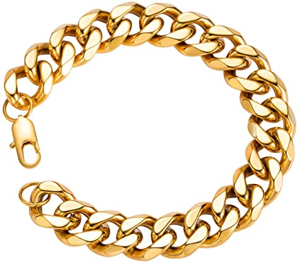 SANNYRA 18k Real Gold Plated Curb Cuban Chain Bracelet Stainless Steel Link Bracelet for Men