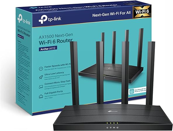 TP-Link Next-Gen Wi-Fi 6 AX1500 Mbps Gigabit Dual Band Wireless Router, WPA3 Security, Ideal for Gaming Xbox/PS4/Steam and 4K, Plug and Play (Archer AX12)