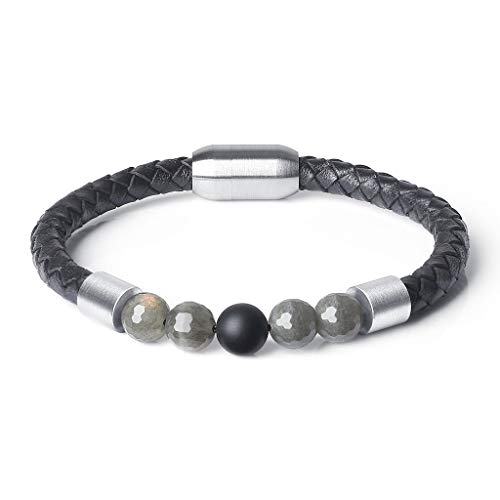 AmorWing Womens Mens Leather Onyx Healing Stones Bracelet