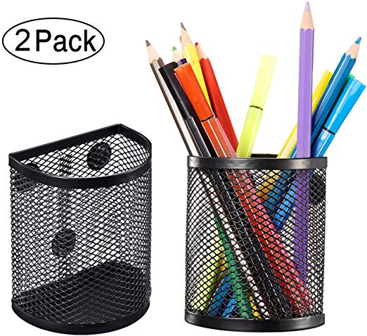 Magnetic Pencil Holder, Mesh Storage Baskets with Magnets to Hold Whiteboard, Locker Accessories, Black (2)