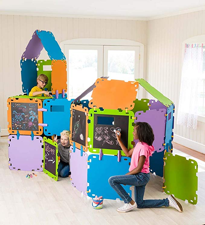 HearthSong® Fantasy Fort Building Kit with Chalkboard Panels - Velcro Connectors - Carton Building Clips - Includes 16 Panels - Each Panel Measures 22 W X 22 H