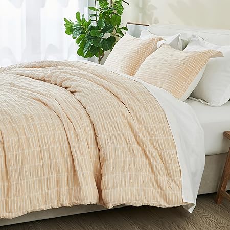 Full/Queen 100% Cotton Comforter Set | Taupe Puckered Striped Down Alternative Comforter | All Season, Linen-Like, Textured 3 Piece Bedding Comforter Set (Full/Queen, Taupe)