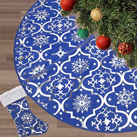 FLASH WORLD Christmas Tree Skirt,48 inches Large Xmas Tree Skirts with Snowy Pattern for Christmas Tree Decorations (Blue)
