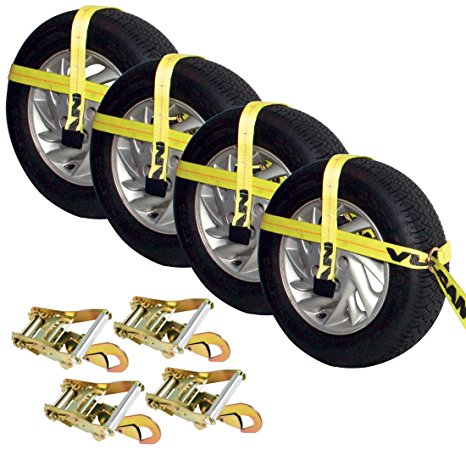 Vulcan Classic Yellow Adjustable Loop Car Tie Down Kit With Snap Hooks (Complete Kit Includes 4 Straps And 4 Ratchets)