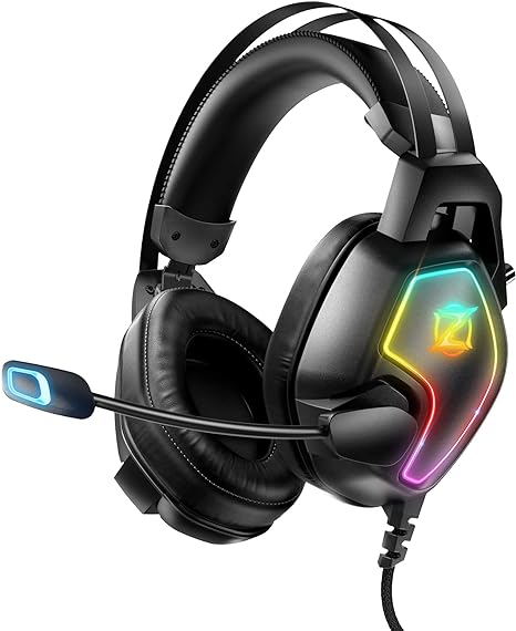 Ozeino Gaming Headset for PS5 PS4 PC Xbox Switch, Gaming Headset Noise Cancelling Headset with Microphone, RGB Light, Self-Adjusting Suspension Headband, 3.5mm Headphone Jack