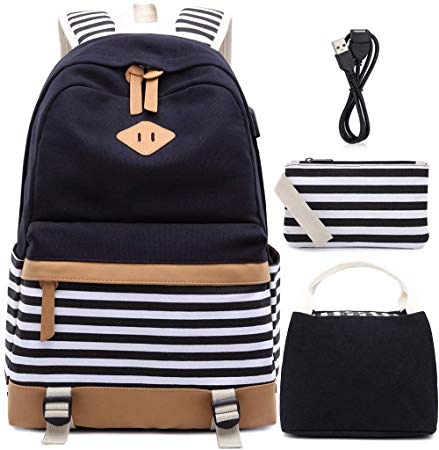 Girls Canvas School Backpack Set 3 in 1 with lunch bag College Laptop USB Backpack Casual Daypack for Teen Girls (Black set)