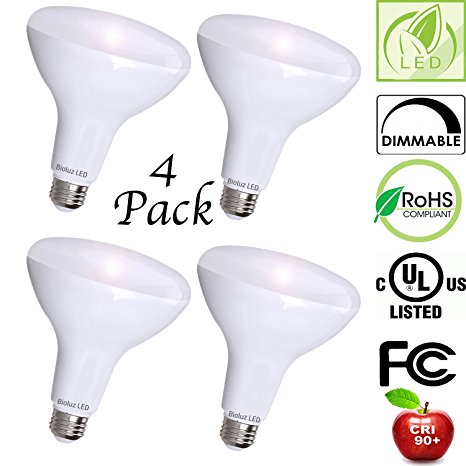 4 Pack Bioluz LED BR30 LED 90 CRI Dimmable Bulb, 65W Equivalent (Uses 11W) 800 lumen, 3000K (Soft White) Indoor/Outdoor Flood Light Bulb, 110° Beam Angle, E26 Medium Base, UL-Listed (Pack of 4)