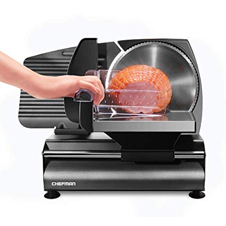 Chefman Die-Cast Electric Deli Slicer, Precision Food Slicer; Meat, Cheese, Bread, Fruit & Vegetables, Adjustable Thickness Dial, Removable & Retractable 7.5” Serrated Stainless Steel Blade, Non-Slip Feet, Space Saving, 180 Watt, Black (Renewed)