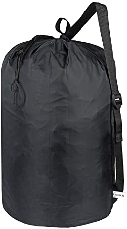 UniLiGis Laundry Bag Backpack with Strap, Nylon Dirty Clothes Shoulder Bag with Drawstring Closure, Tear Proof WashableLaundry Liners for Travel,Dorm Room,Dia 15x27 inches (Black)