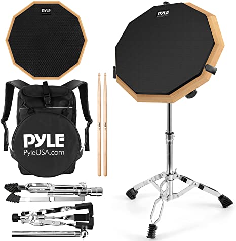 Pyle Silent Pad & Snare Stand Set-12” Double Rubber Practice Pad-Portable 2-Sided Dumb Kit for Drumming with Adjustable Rack Mount, Drumsticks, Travel Bag, Black (PSDPKIT10.5)