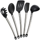 Elite Kitchenware Stainless Steel Kitchen Utensils 5 Piece Silicone Cooking Utensil Set Including Spatula Spoon Server Turner and Ladle - Cookware Set - Kitchen Gadgets