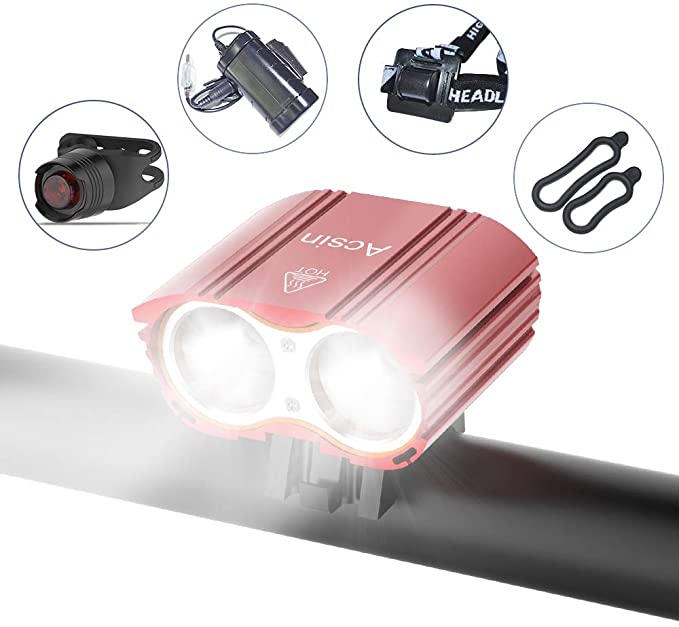 Bike Light Front and Rear, Acsin Super Bright 4 Modes Rechargeable IP65 Waterproof Durable Bicycle Front LED Light and Free Taillight with Headband Battery Pack for Road Cycling Safety Flashlight