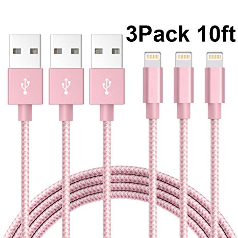 iPhone Cable,Akaho 3Pack 10FT Extra Long Nylon Braided Cord Lightning Cable Certified to USB Charging Charger for iPhone 7/7 Plus/6S/6 Plus/6S Plus/5S/5C/SE/iPad Air/Mini/iPod Nano 7(Pink White)