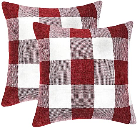 GirlyGirl Boutique Farmhouse Decorative Buffalo Check Plaid Pillow Covers Red and White Classic Linen Throw Pillow Covers for Couch, Bed, Sofa，Pack of 2（18 x 18 Inch）