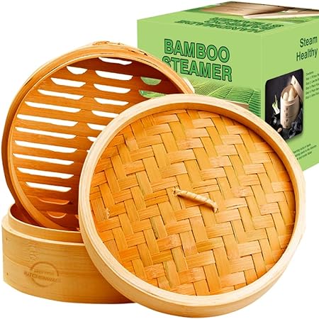 8 Inch Handmade Bamboo Steamer, 2 Tier Baskets, Healthy Cooking for Vegetables, Dim Sum Dumplings, Buns, Chicken Fish & Meat by Mister Kitchenware