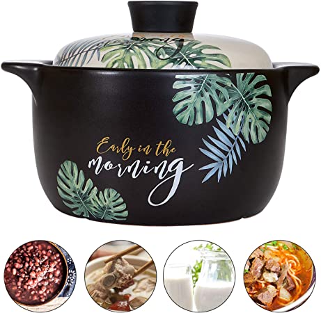 AHUA Ceramic Stockpot, Stovetop Ceramic Cookware, Soup Pot Stew Pan Casserole Clay Pot Earthen Pot Healthy Stew Pot, Green Leaf Pattern Ceramic Round Black Dish with White Lid Heat-Resistant