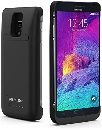 RUNSY Note 4 Battery Case, 4800mAh Rechargeable Extended Battery Charging Case for Samsung Galaxy Note 4, External Battery Charger Case, Backup Power Bank Case with Kickstand (Black 4800mAh)