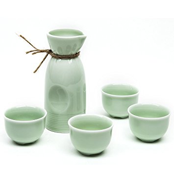 Japanese Sake Set, 5 Pieces Sake Set with Bamboo Cup Clip Celadon Hand Painted Design Porcelain Pottery Traditional Ceramic Cups Crafts Wine Glasses (Green)