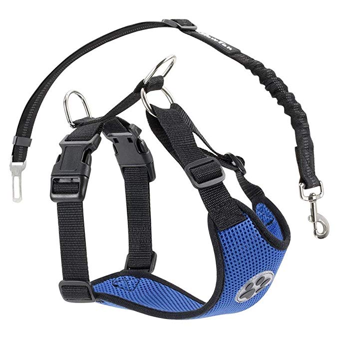 Slowton Dog Car Harness Plus Connector Strap, Multifunction Adjustable Vest Harness Double Breathable Mesh Fabric with Car Vehicle Safety Seat Belt