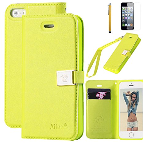 iPhone 5s case,iPhone SE case,iPhone 5 case,by Ailun,Wallet case,PU leather case,credit card holder,Flip Cover Skin[YellowGreen] with screen protect and styli pen