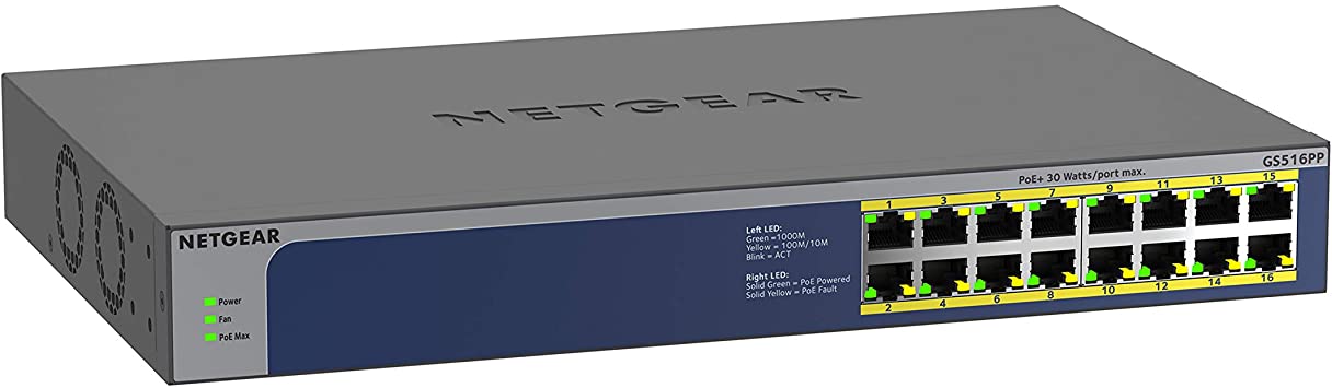 NETGEAR 16-Port Gigabit Ethernet Unmanaged PoE Switch (GS516PP) - with 16 x PoE  @ 260W, Desktop/Rackmount, and ProSAFE Lifetime Protection (GS516PP-100NAS)