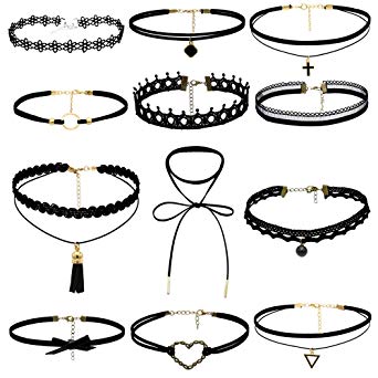 Clearance!12Pcs Lace Choker Set Women Girl Classic Gothic Tattoo Necklaces Stretch Velvet Lace Choker by ZYooh