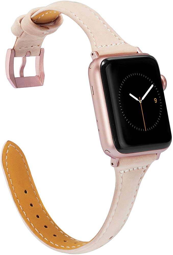 Wearlizer Nude Leather Compatible with Apple Watch Band 42mm for iWatch 44mm Series 4 5 Women Slim Strap Stylish Wristband Leisure Replacement, Scrub Brown Back (Rose Gold Clasp) Series 3 2 1 Sport