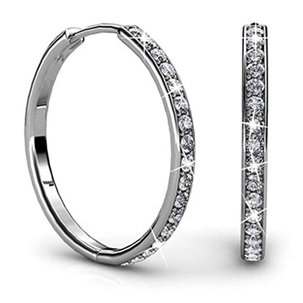 Jade Marie AMBITIOUS Large Silver Hoop Earrings, 18k White Gold Plated Round Hoop Earrings with Swarovski Crystals, Beautiful Sparkling Hoops with 17 Channel Set Stones, Hoop Dangle Earrings for Women
