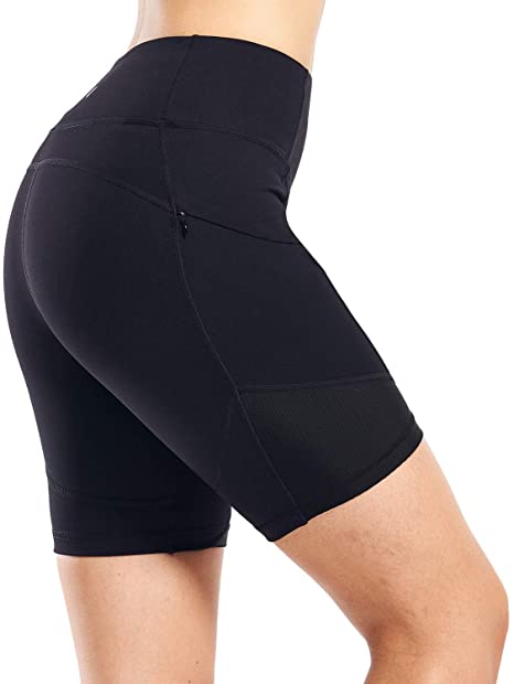 Matymats High Waist Yoga Shorts with Zipper Pockets - Women's Tummy Control Workout Biking Running Shorts