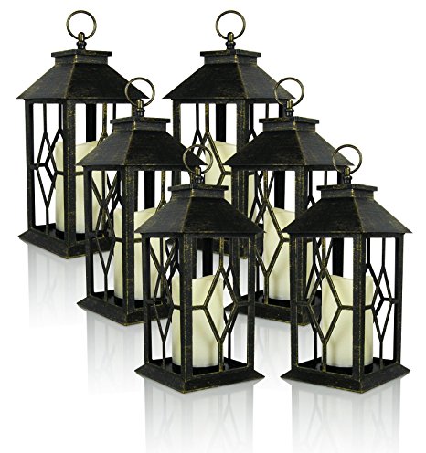 Banberry Designs Decorative Lanterns - Set of 6 Antique Bronze Decorative Lantern with a Flameless LED Pillar Candle and 5 Hour Timer - Outdoor Lighting - 13" H