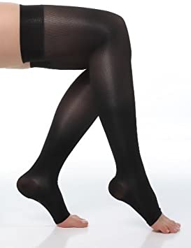 BriteLeafs Sheer Compression Stockings Thigh High 20-30 mmHg, Firm Support, Open Toe, Stay-Up Silicone Band (X-Large, Black)