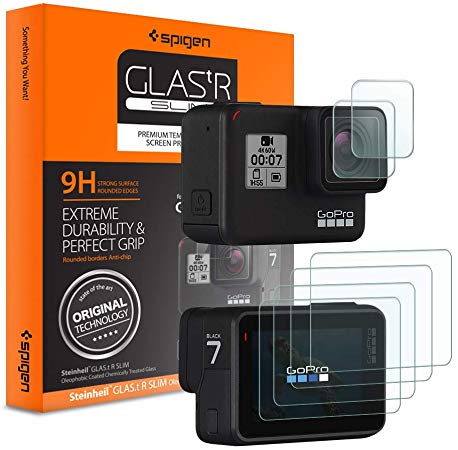 Spigen Screen Protector Designed for GoPro Hero 7 (Black) / GoPro Hero 6 / GoPro Hero 5 (Front Glass x 2 / Back Film x 4)